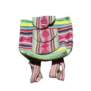 Handmade Mexican  Sarape Boho Bag  Woven Cotton Backpack Multicolor Pink 11X11